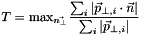 \[ T = \mathrm{max}_{\vec{n_\perp}} \frac{\sum_i \left|\vec{p}_{\perp,i} \cdot \vec{n} \right|}{\sum_i |\vec{p}_{\perp,i}|} \]